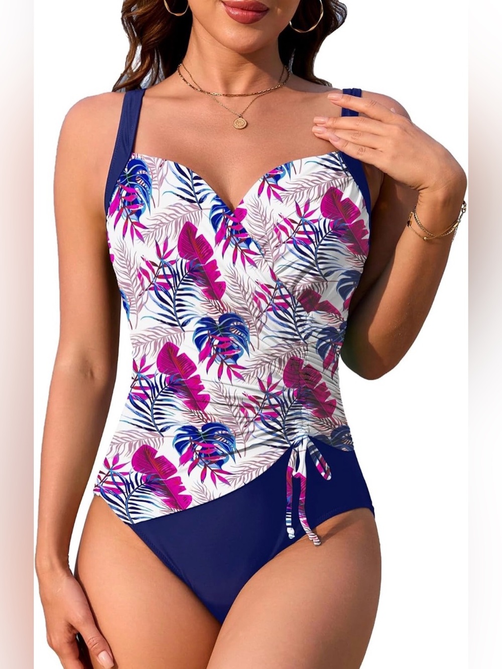 0145: Women’s Navy Floral One-Piece Swimsuit - Printed Tummy Control